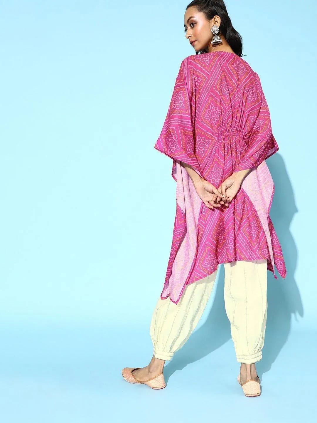 Pink Bandhej Printed Kaftan With Resham Embroidery And Gota Embellished Ballon Trouser