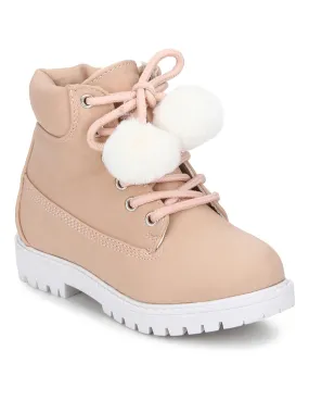 Pink PU Pom Pom Lace-up Ankle Boots