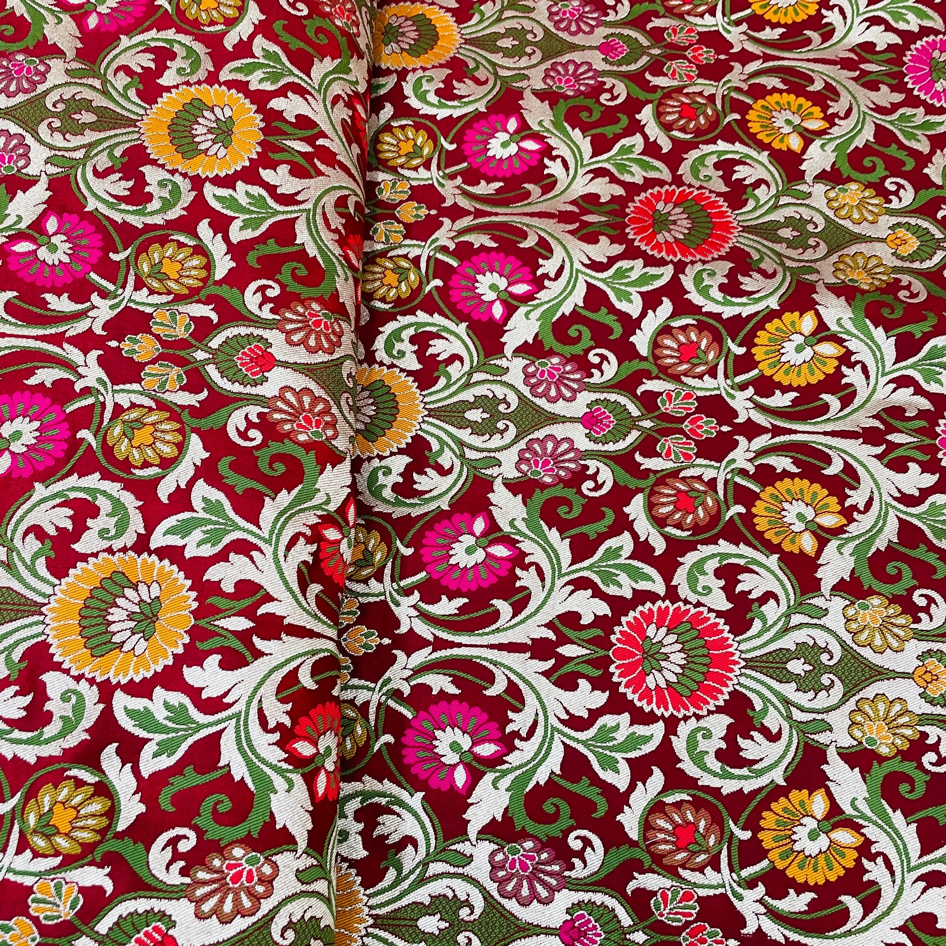 Premium Red Floral Zari Khimkhwab Banarasi Silk Fabric