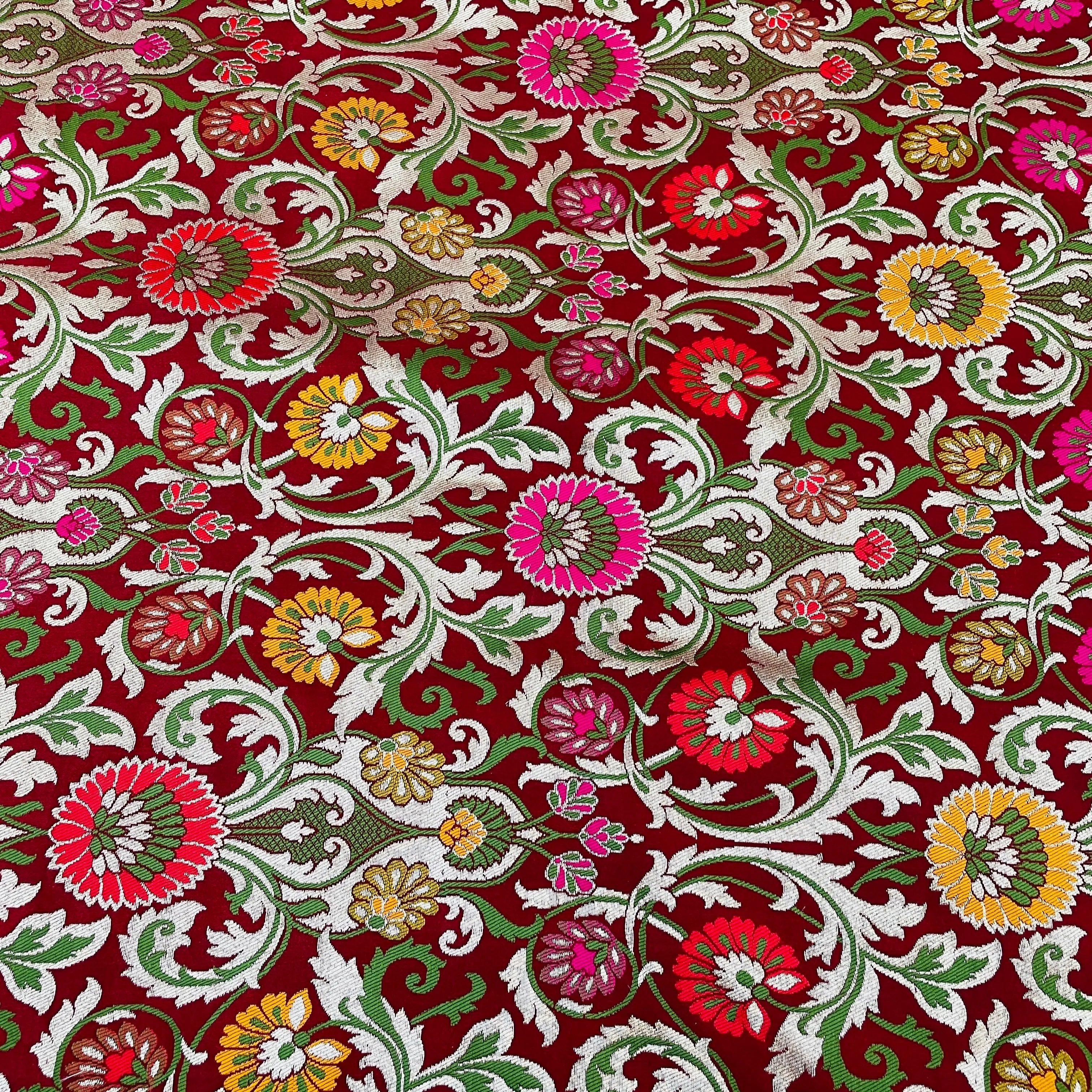 Premium Red Floral Zari Khimkhwab Banarasi Silk Fabric