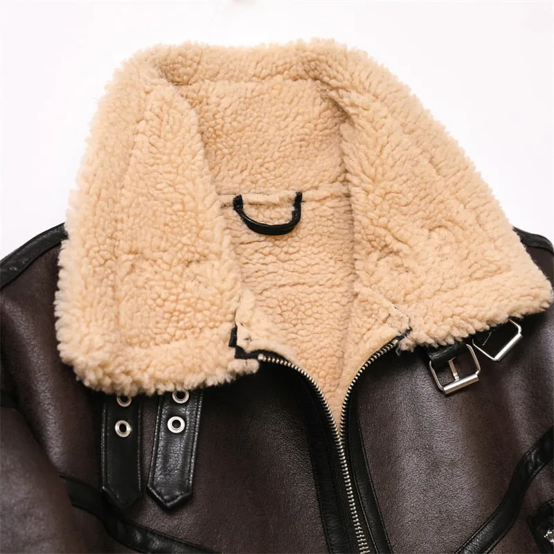 Purpdrank - 2023 Woman's Fashion Thick Warm Faux Shearling Jacket Coat Vintage Long Sleeve Belt Hem Female Outerwear Chic Tops