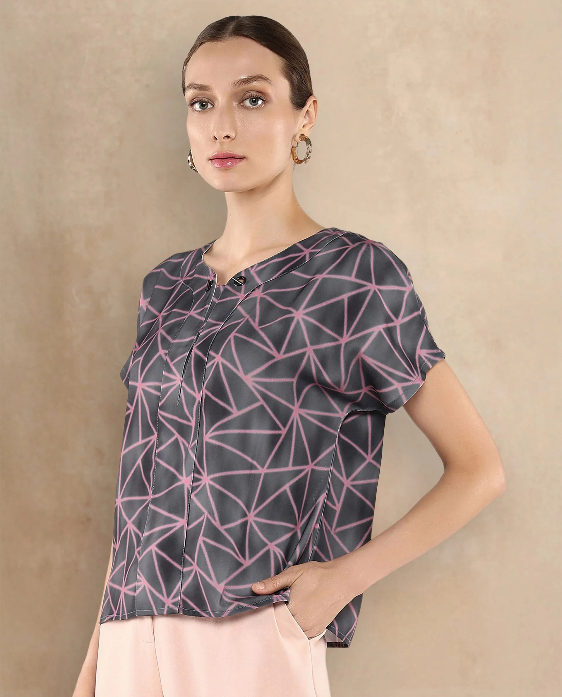 Rareism Women Katya Grey Extended Sleeves Abstract Print Top