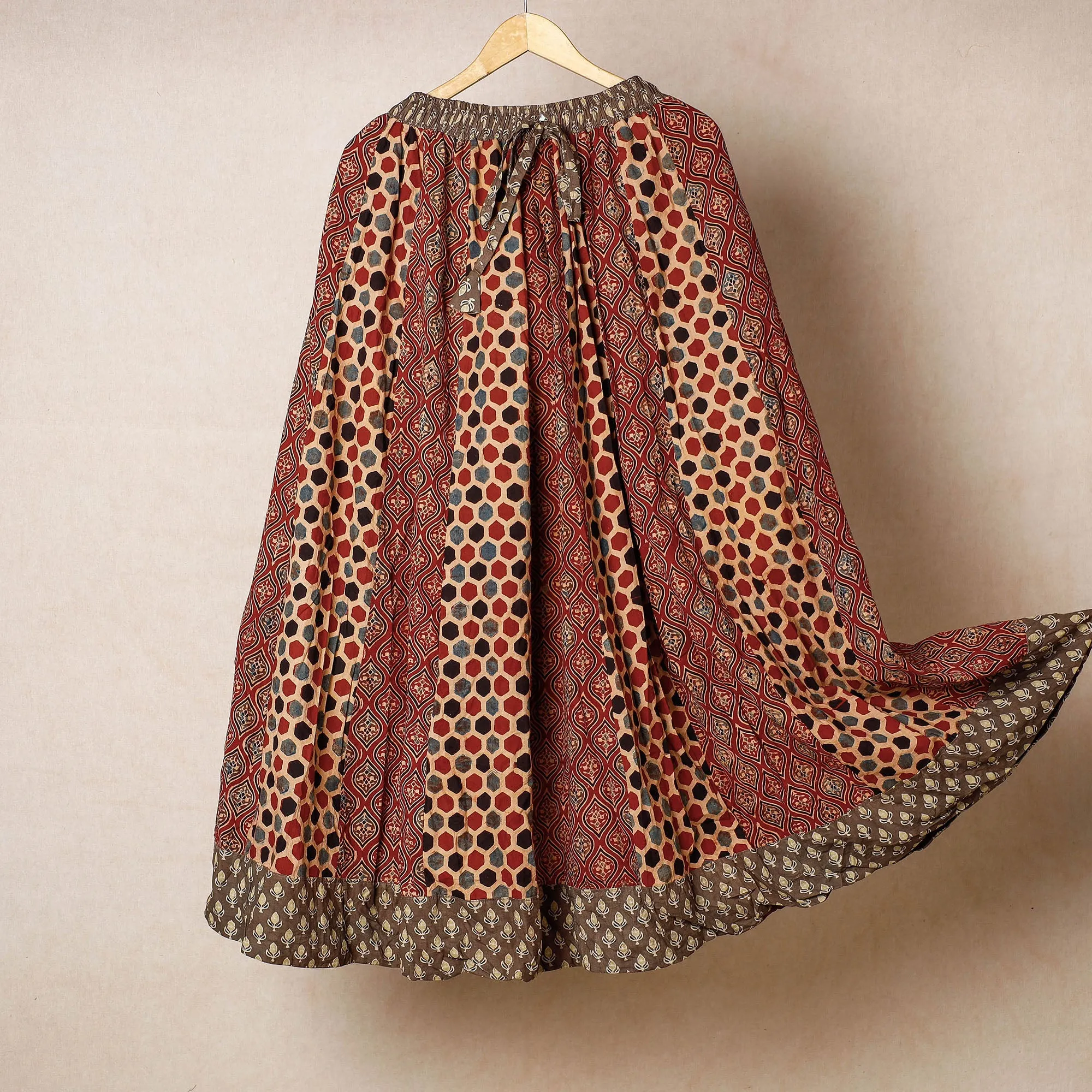 Red - 24 Kali Ajrakh Block Printed Patchwork Cotton Long Skirt