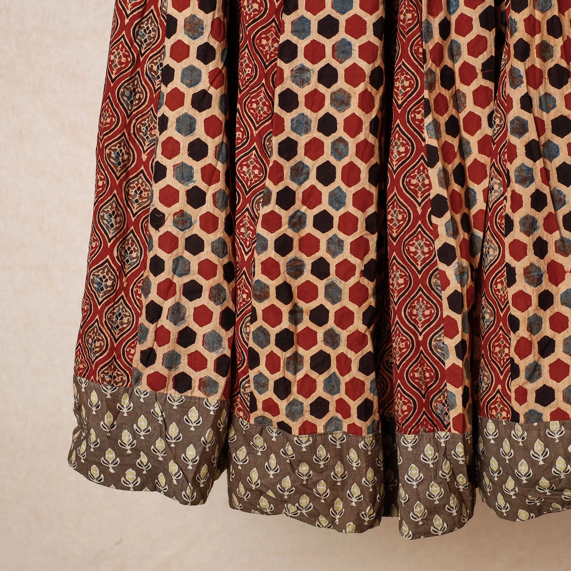 Red - 24 Kali Ajrakh Block Printed Patchwork Cotton Long Skirt