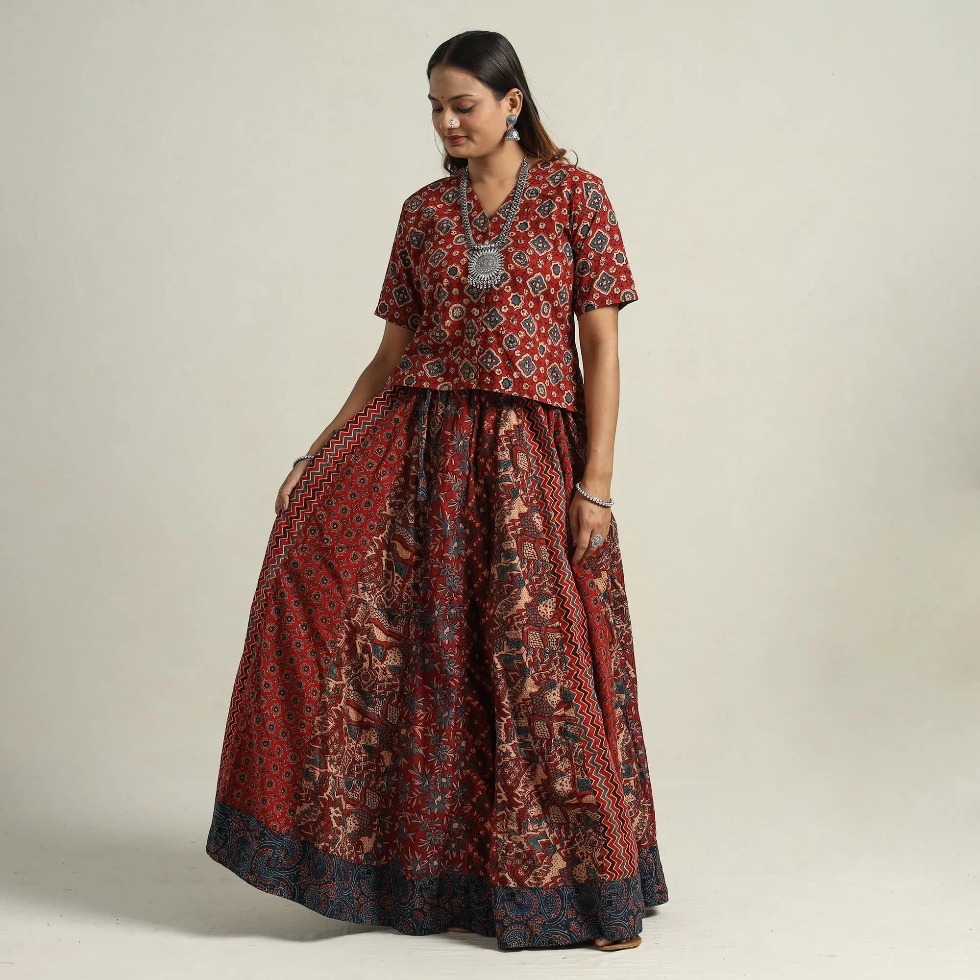 Red - Ajrakh Block Printed 24 Kali Patchwork Cotton Long Skirt 61