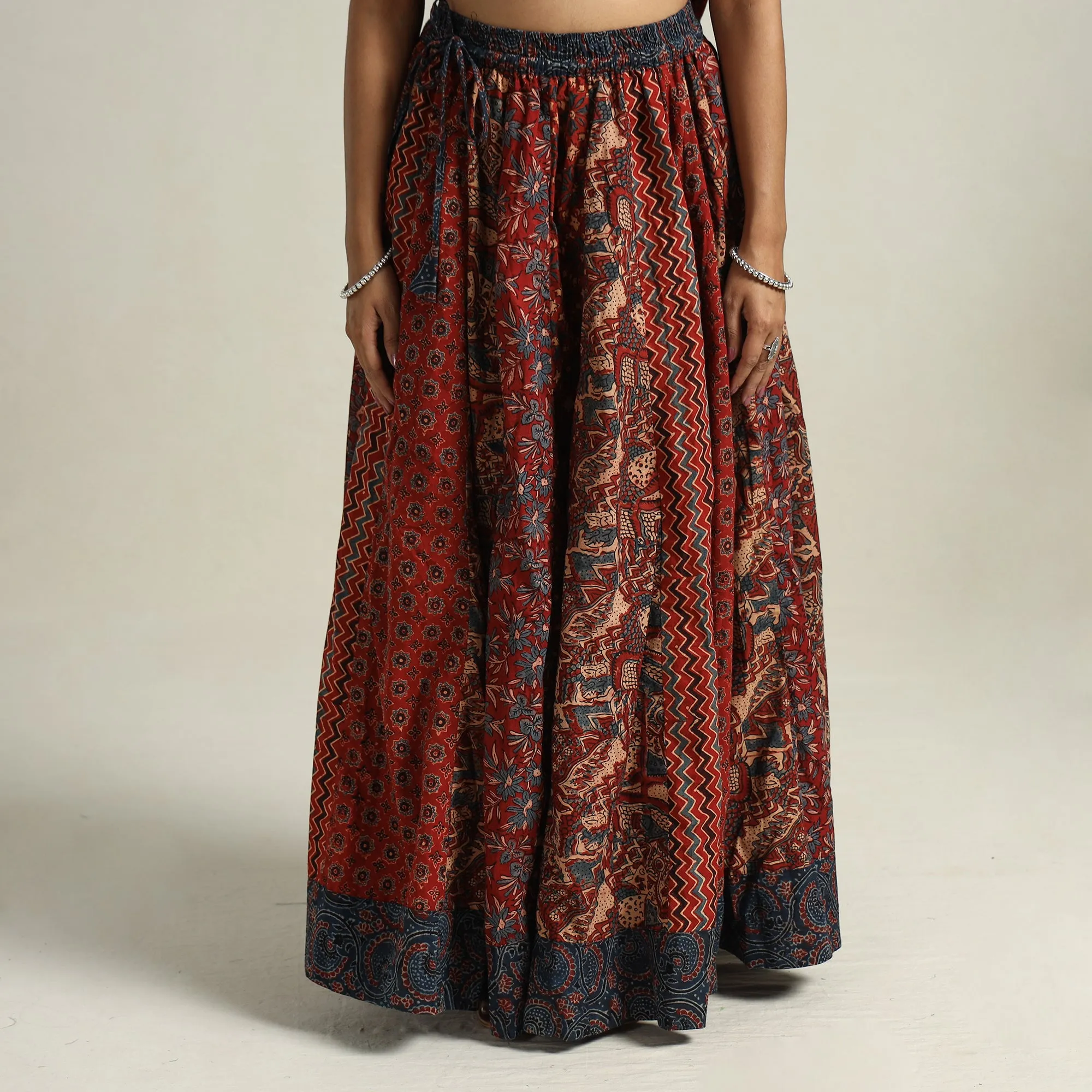 Red - Ajrakh Block Printed 24 Kali Patchwork Cotton Long Skirt 61