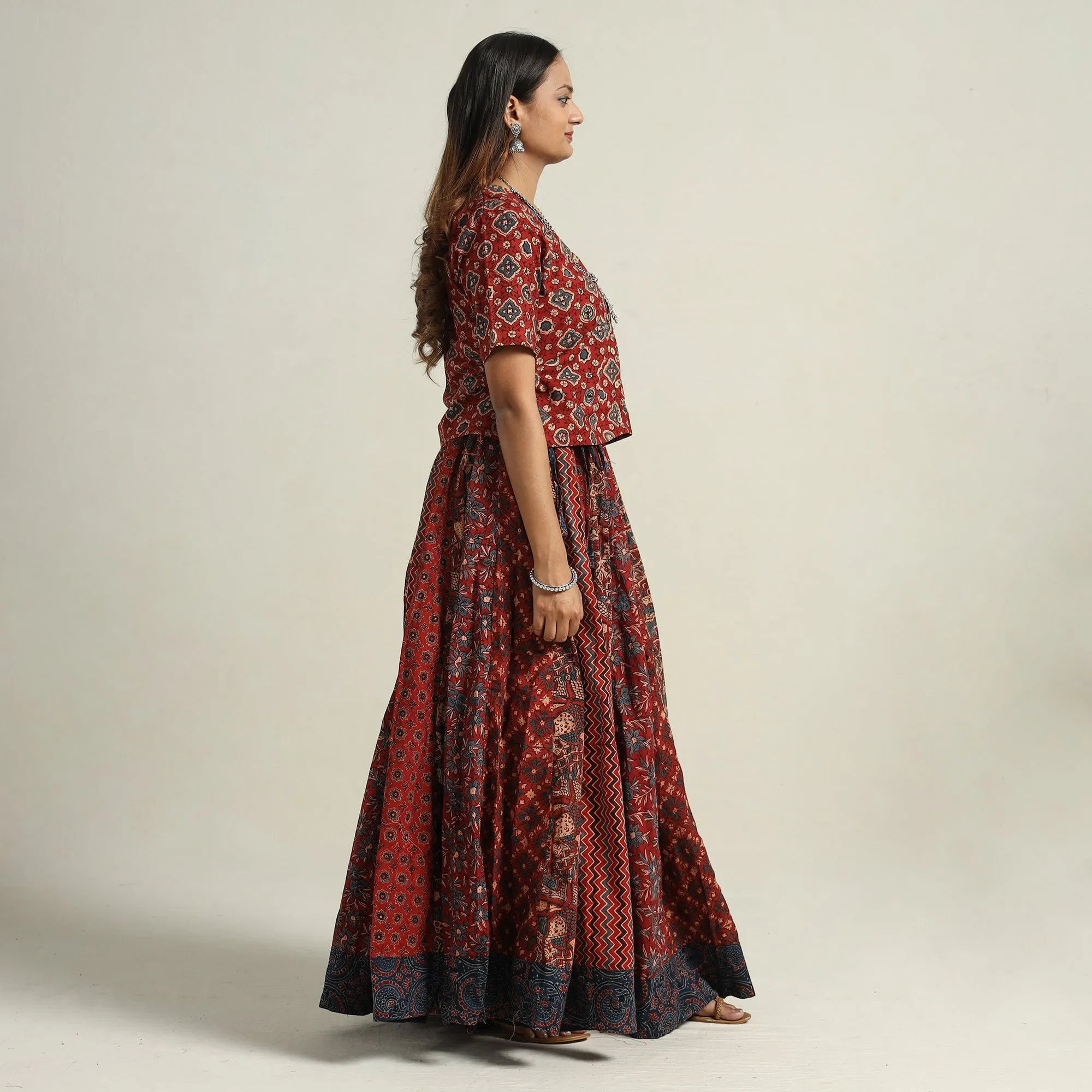 Red - Ajrakh Block Printed 24 Kali Patchwork Cotton Long Skirt 61