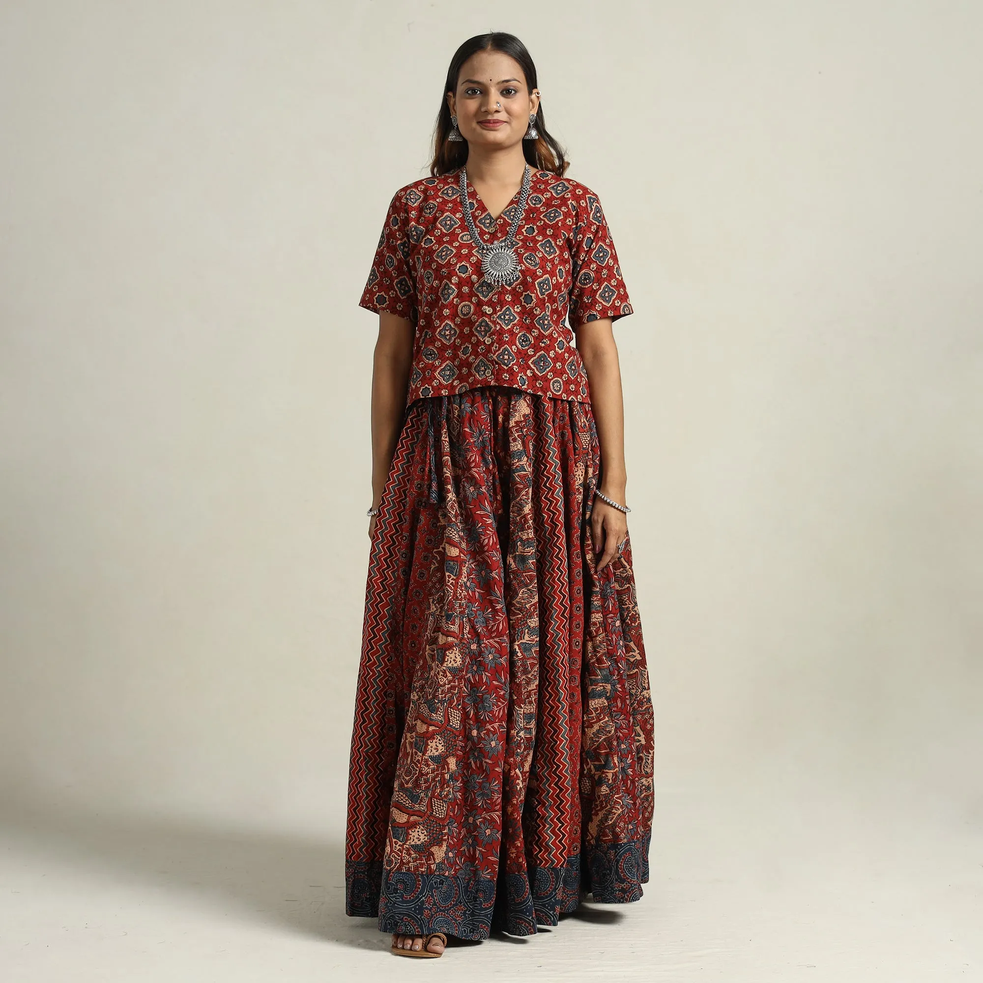 Red - Ajrakh Block Printed 24 Kali Patchwork Cotton Long Skirt 61