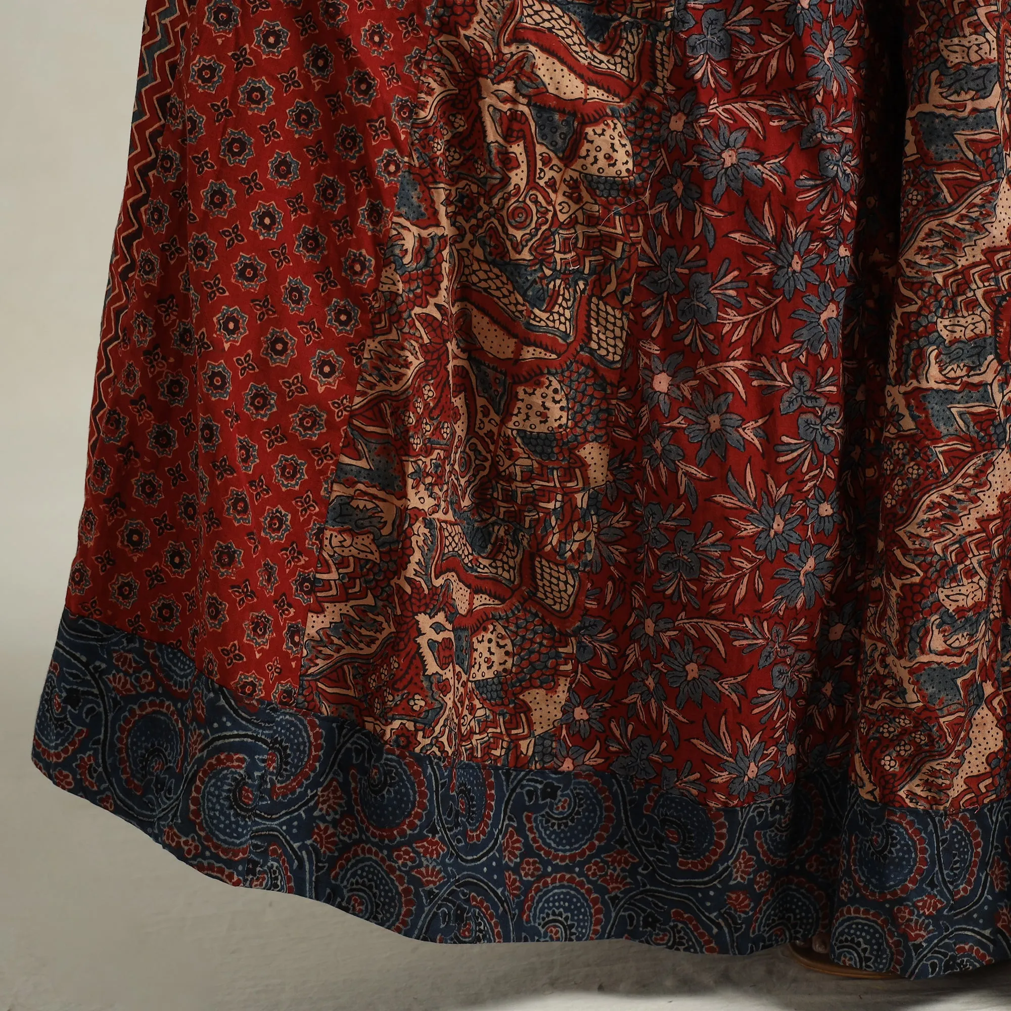 Red - Ajrakh Block Printed 24 Kali Patchwork Cotton Long Skirt 61