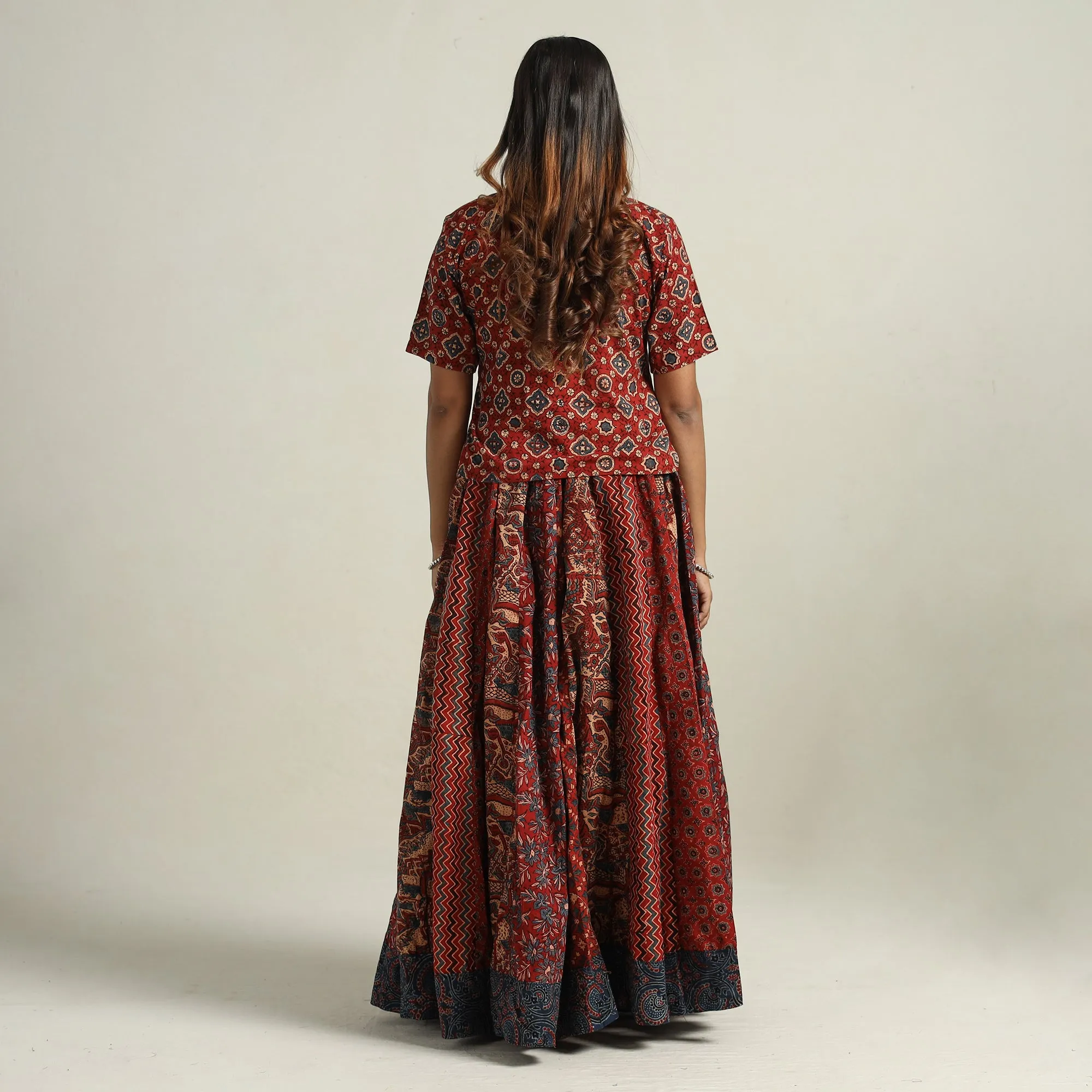 Red - Ajrakh Block Printed 24 Kali Patchwork Cotton Long Skirt 61