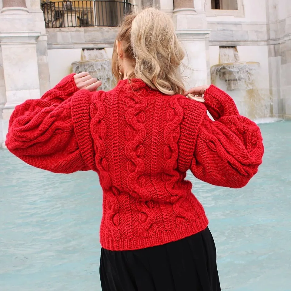 Red Alpaca Wool Sweater with cables and arans