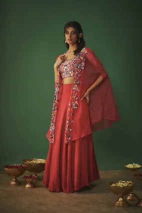 RED THREADWORK EMBROIDERED CHOLI, CAPE AND LEHENGA SET