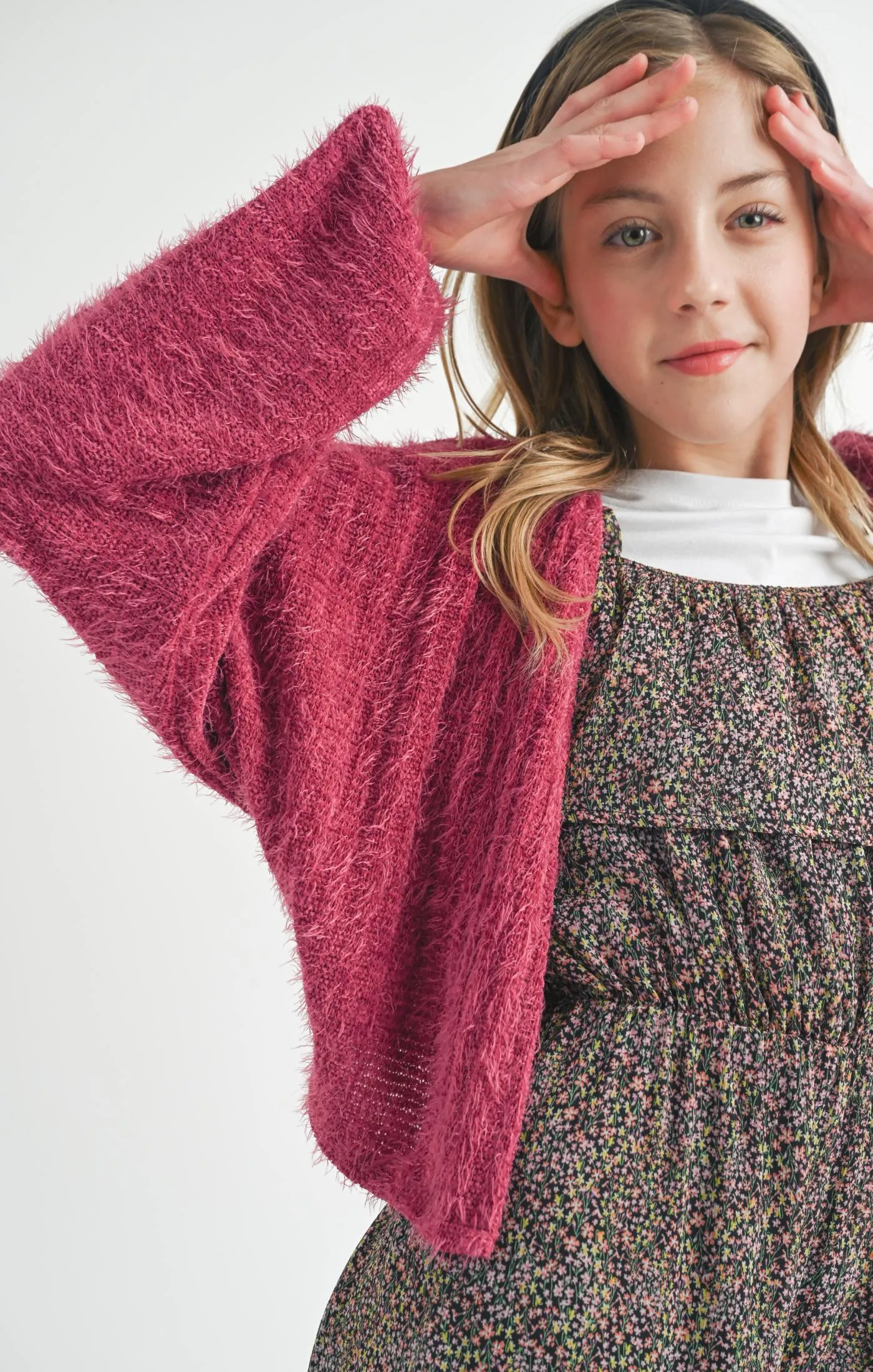 SAD Tween Soiree Berry Eyelash Knit Cardigan