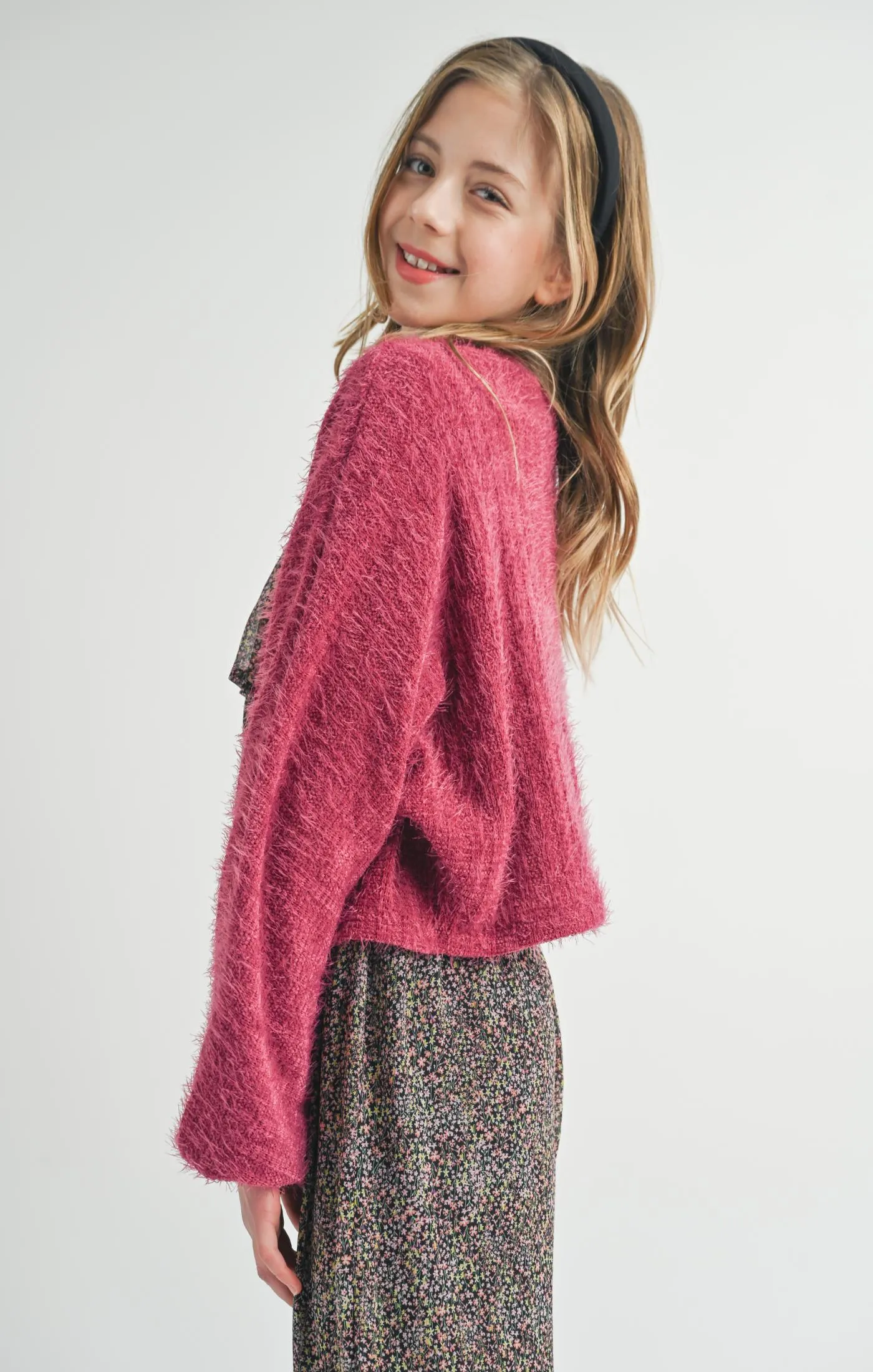 SAD Tween Soiree Berry Eyelash Knit Cardigan