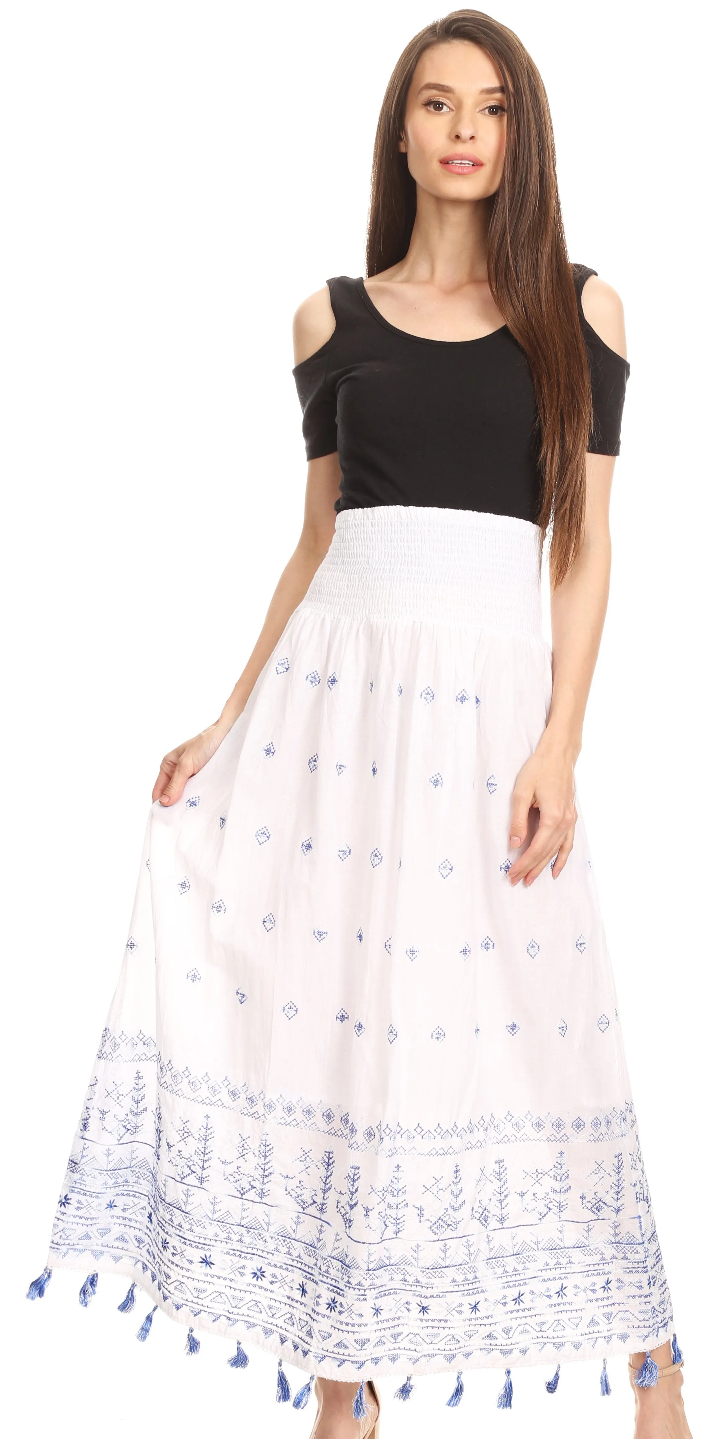 Sakkas Serena Boho Casual Gypsy Peasant Skirt with  Embroidery and Tassels