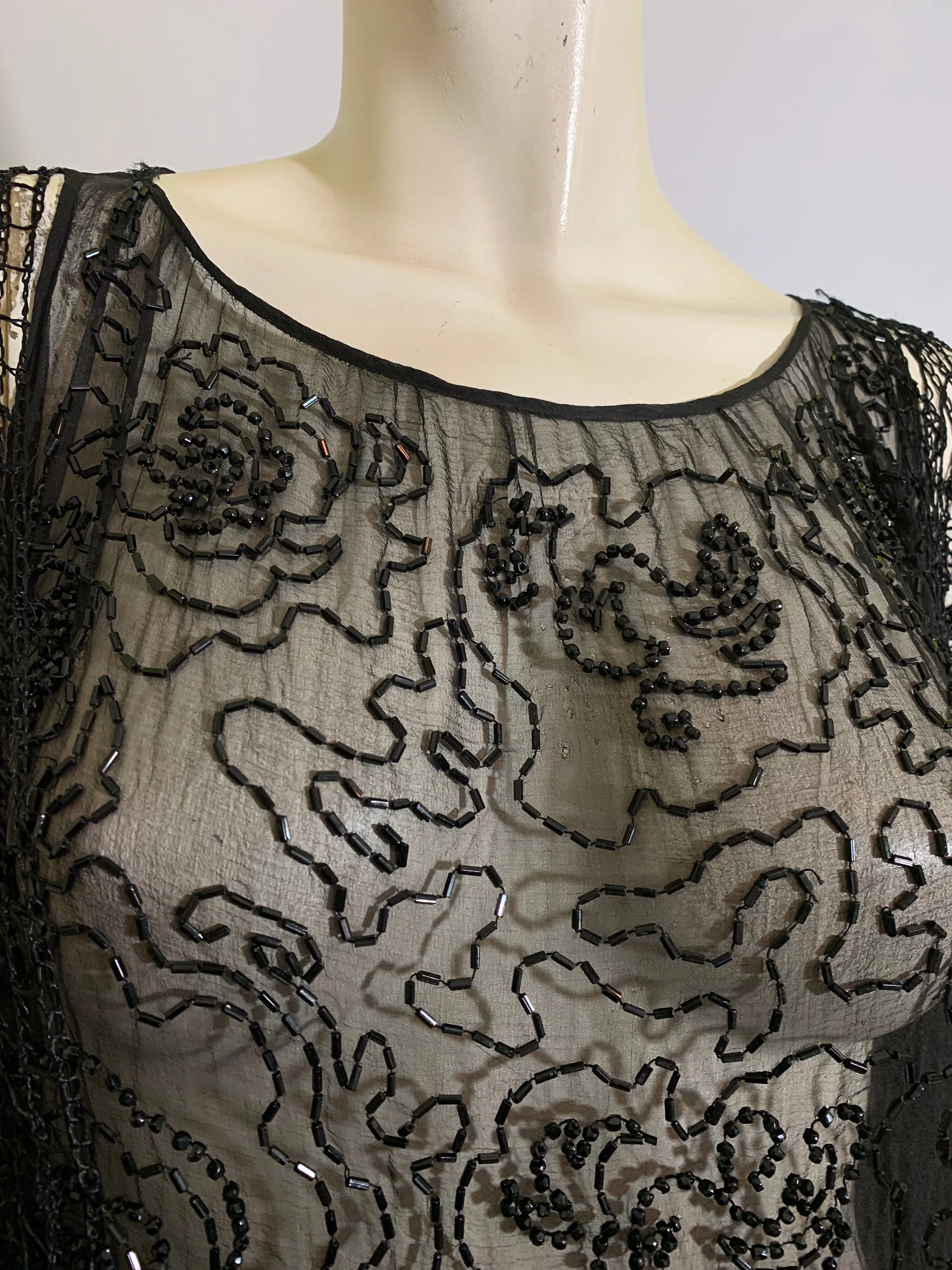 Sheer Black Silk Beaded Dress with Spanish Shawl Inspired Crochet Adornment circa 1920s