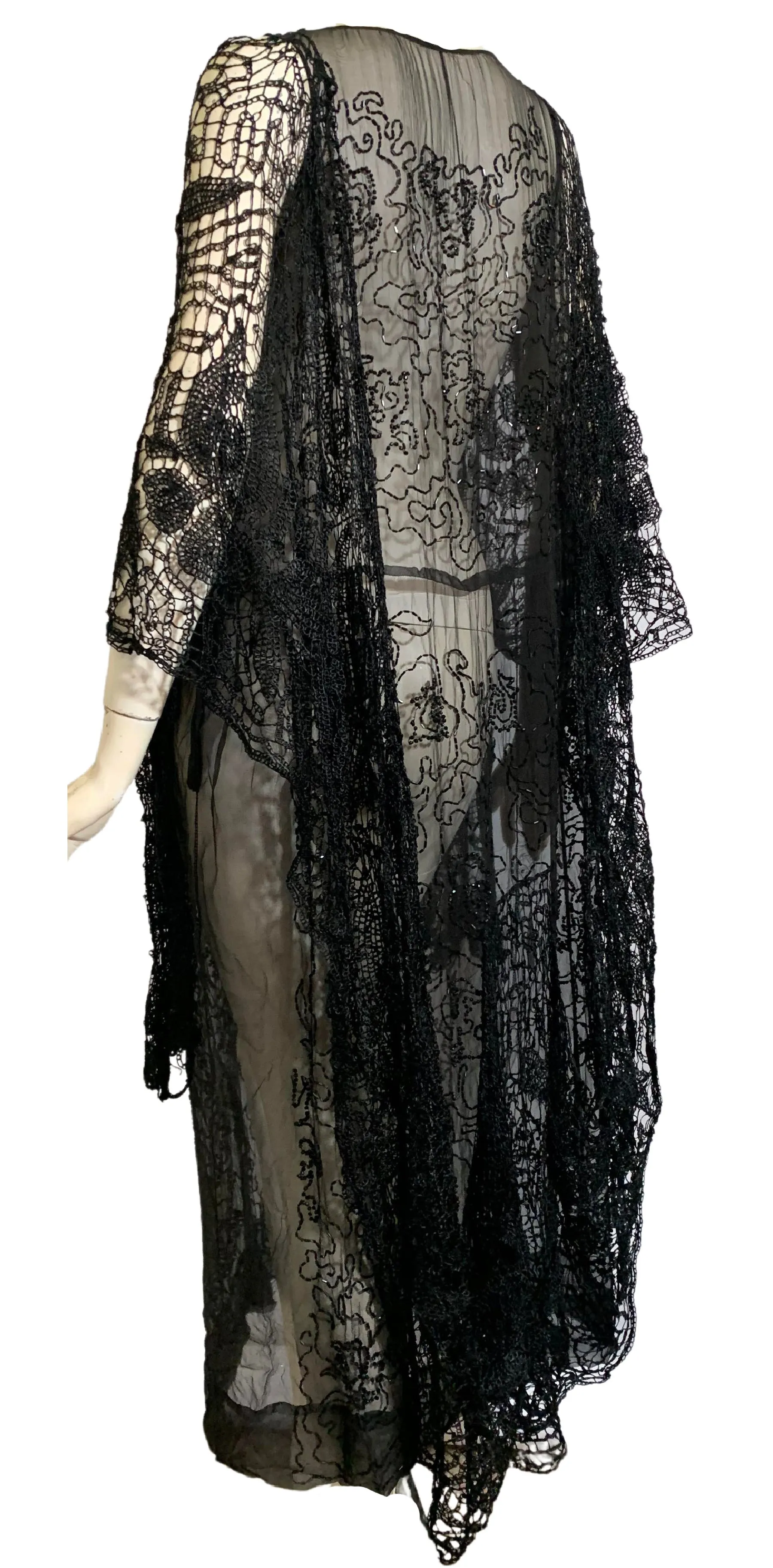 Sheer Black Silk Beaded Dress with Spanish Shawl Inspired Crochet Adornment circa 1920s