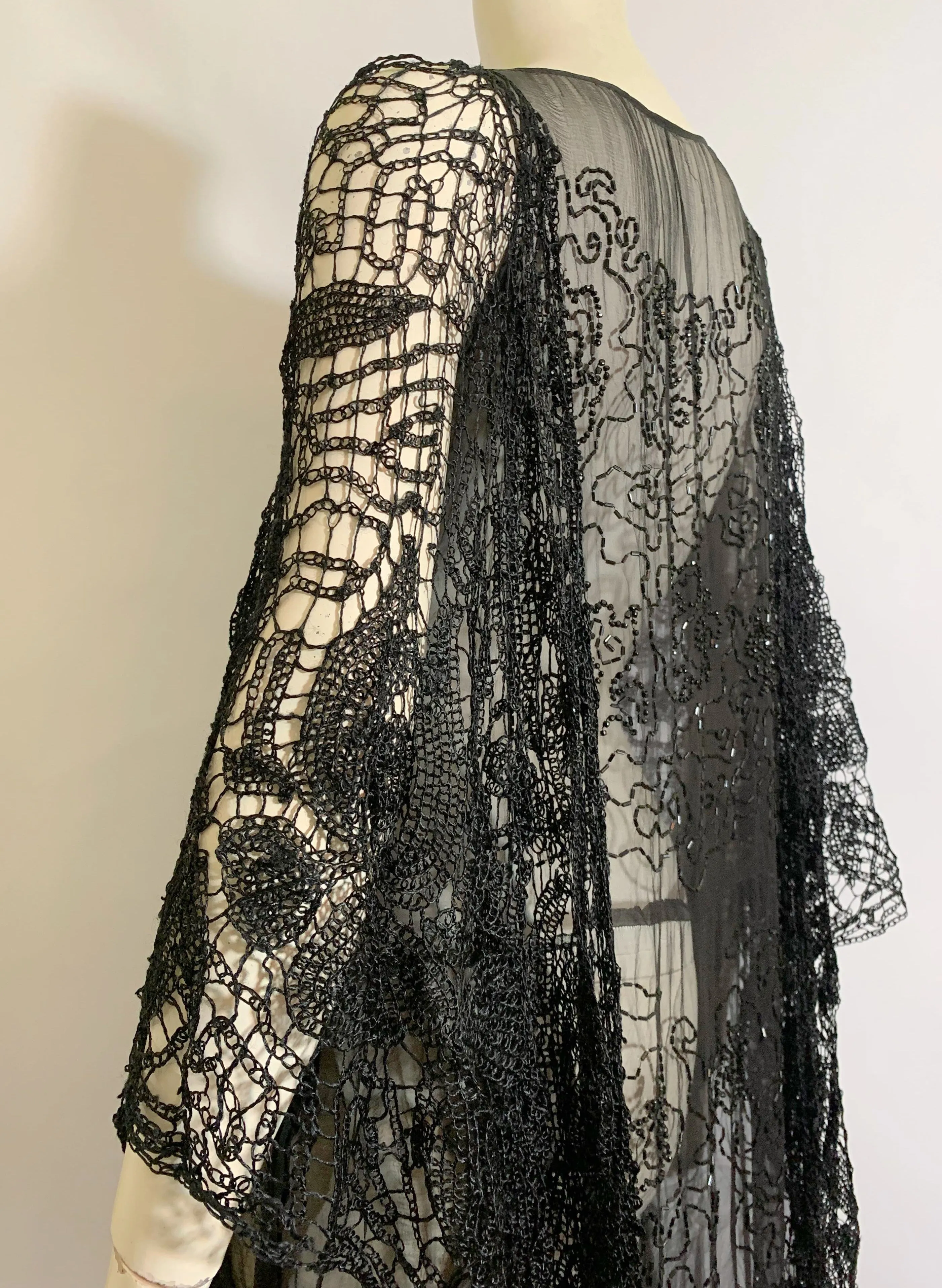 Sheer Black Silk Beaded Dress with Spanish Shawl Inspired Crochet Adornment circa 1920s