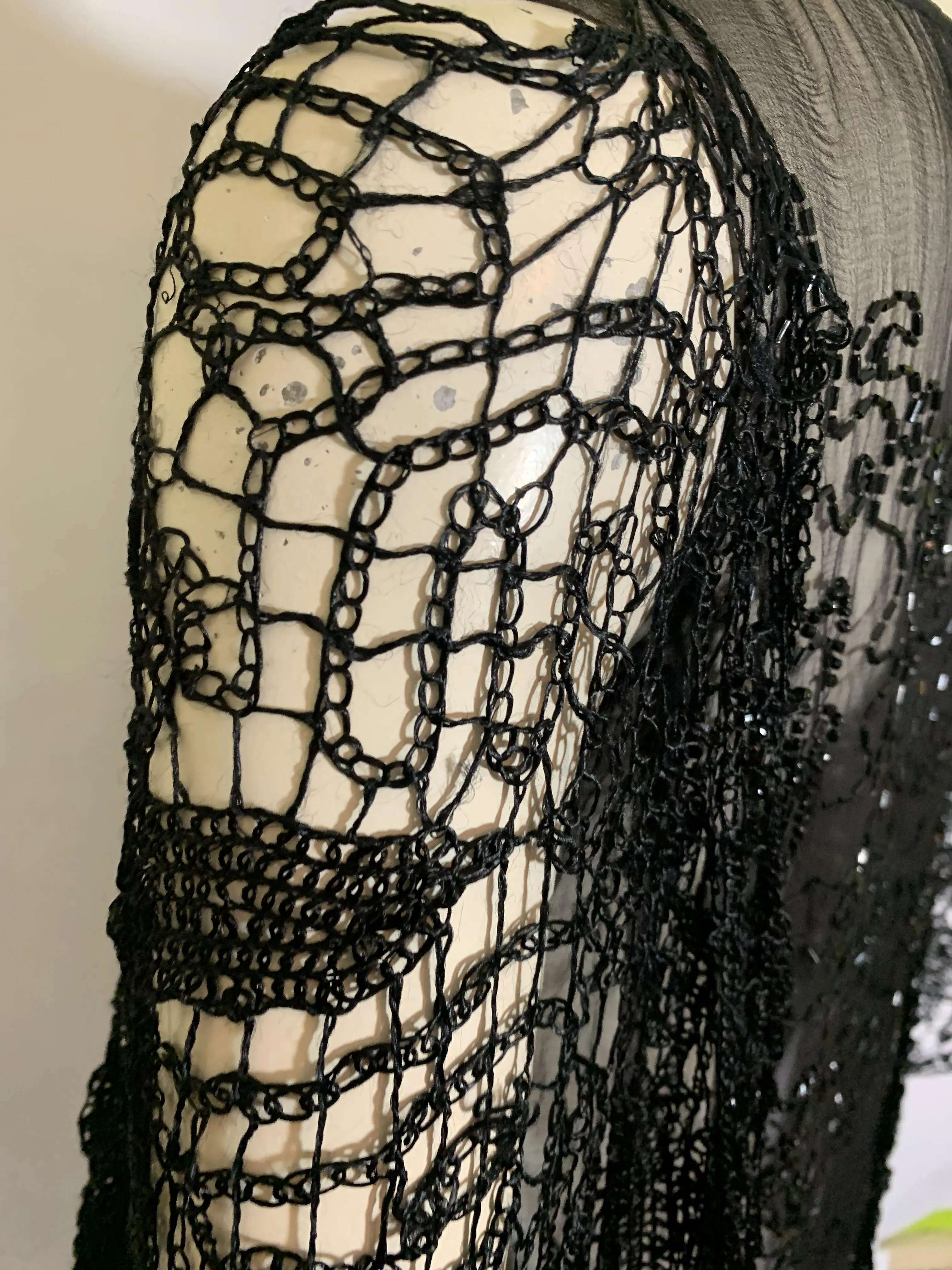 Sheer Black Silk Beaded Dress with Spanish Shawl Inspired Crochet Adornment circa 1920s