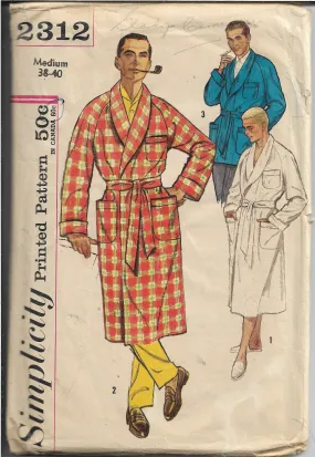 Simplicity 2312 Vintage Sewing Pattern 1950s Mens Robe Lounge Jacket