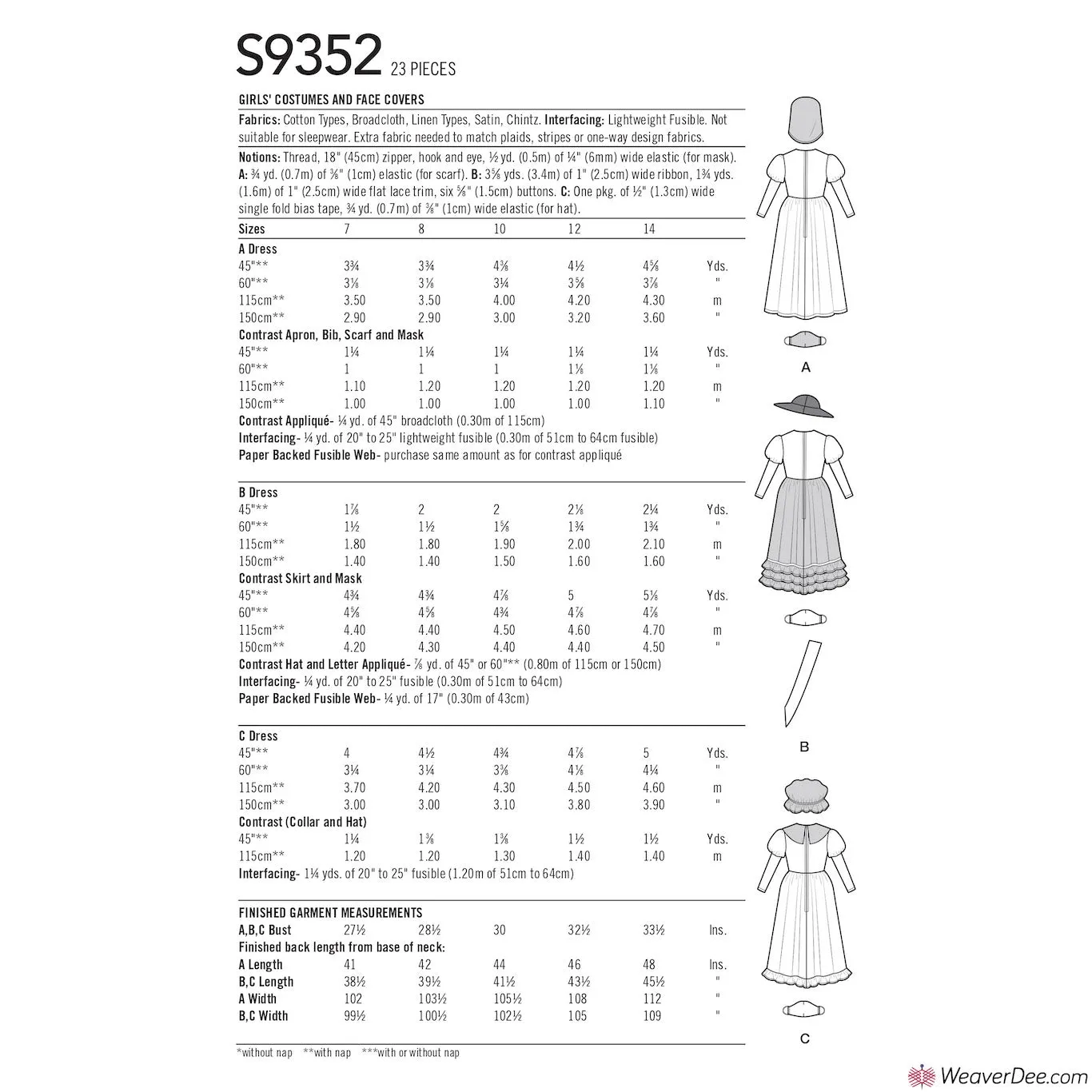 Simplicity Pattern S9352 Girls' Historical Costumes & Face Covers