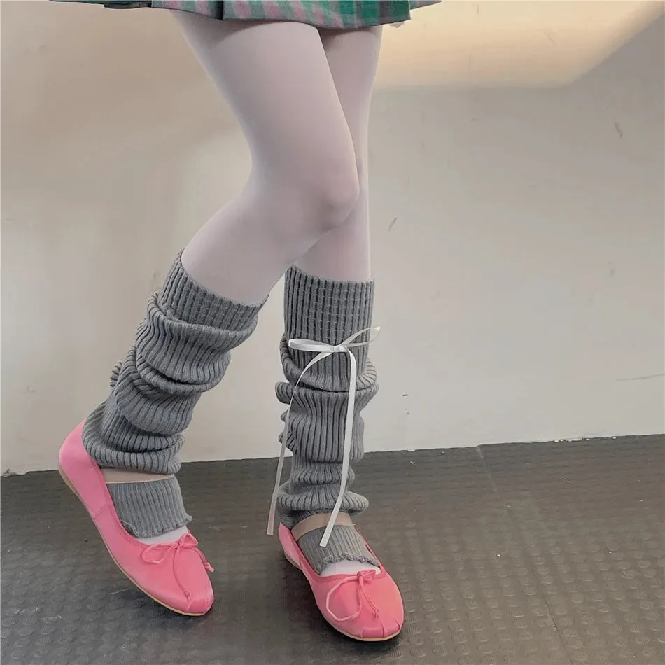 Sohiwoo New Women Knitted Leg Warmer Japanese Knee Tube JK Bow Ribbon Over Pile Socks Warm Socks Ballet Yogurt Leg Cover Long Leg Socks