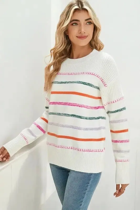 Striped Ribbed Trim Round Neck Sweater