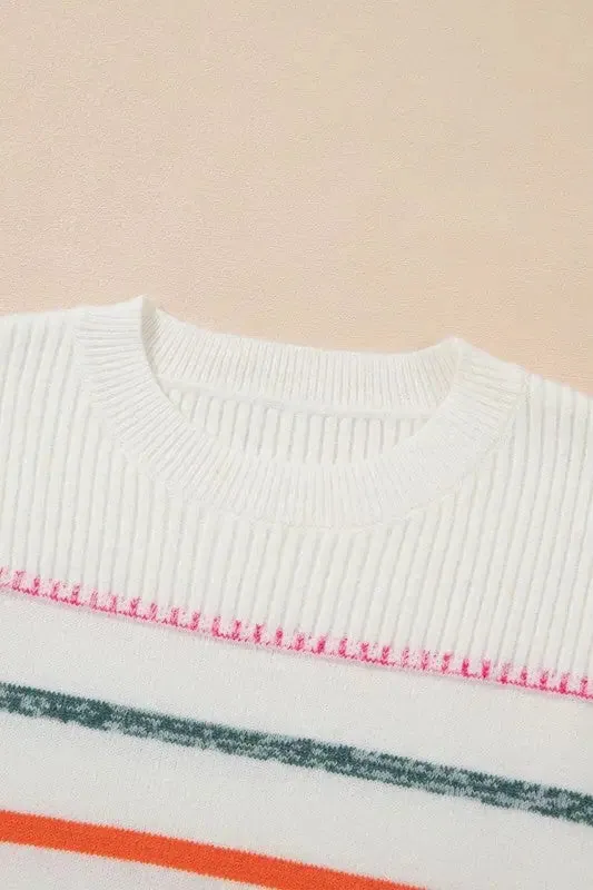 Striped Ribbed Trim Round Neck Sweater