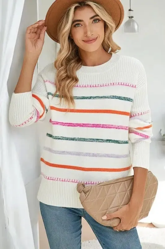 Striped Ribbed Trim Round Neck Sweater