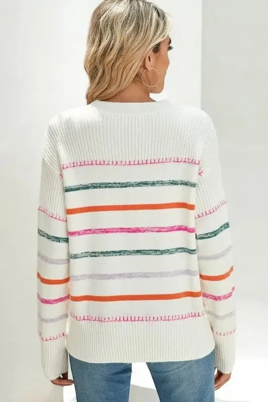 Striped Ribbed Trim Round Neck Sweater