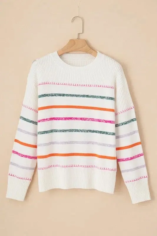 Striped Ribbed Trim Round Neck Sweater