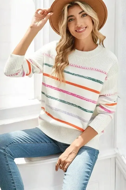 Striped Ribbed Trim Round Neck Sweater