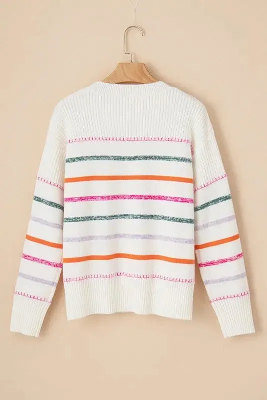 Striped Ribbed Trim Round Neck Sweater