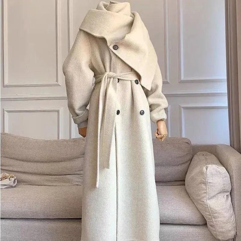 TAVIMART  -  Women's Handmade 100% Wool Cashmere Long Jacket Coat with Belt Winter Scarf Collar Luxurious Slim Warm Overcoat Outerwears