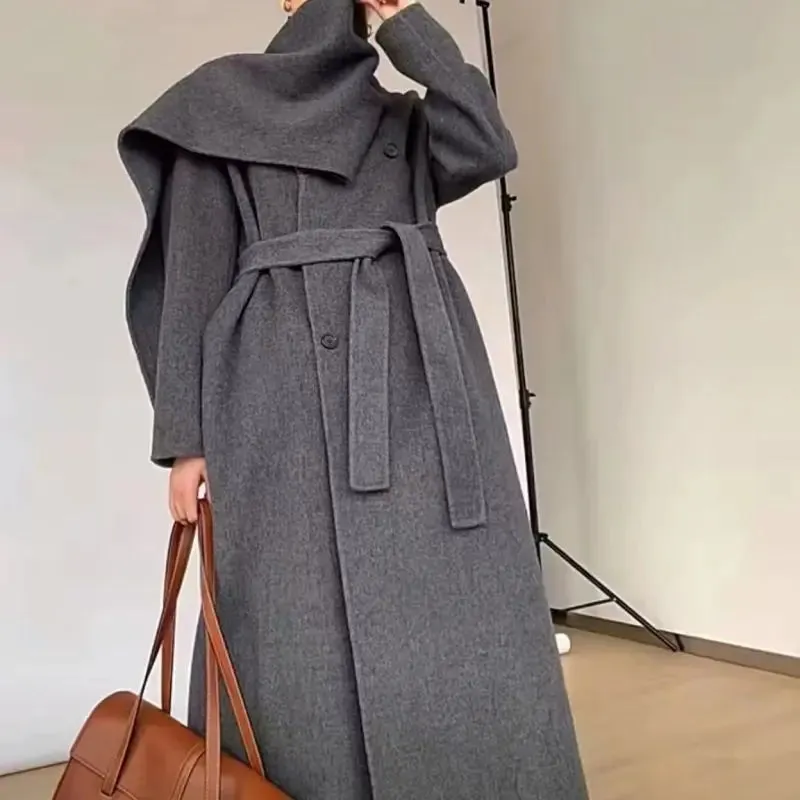 TAVIMART  -  Women's Handmade 100% Wool Cashmere Long Jacket Coat with Belt Winter Scarf Collar Luxurious Slim Warm Overcoat Outerwears