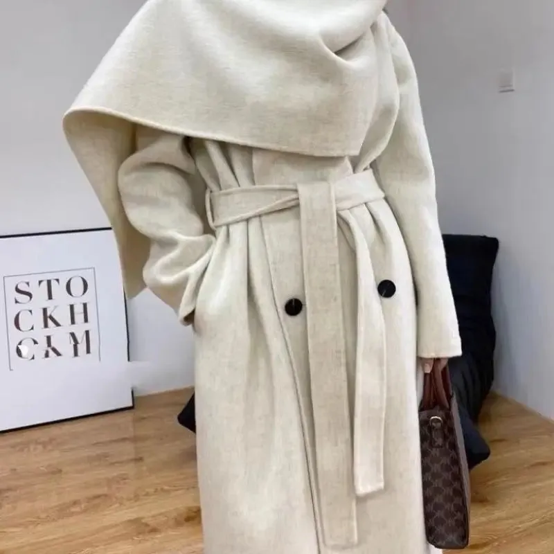 TAVIMART  -  Women's Handmade 100% Wool Cashmere Long Jacket Coat with Belt Winter Scarf Collar Luxurious Slim Warm Overcoat Outerwears