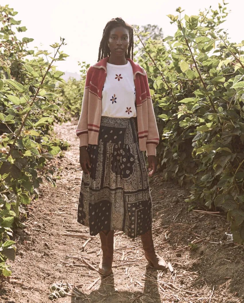 The Great - The Ranch Cardigan in Nude with Red Rose