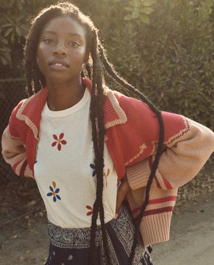 The Great - The Ranch Cardigan in Nude with Red Rose