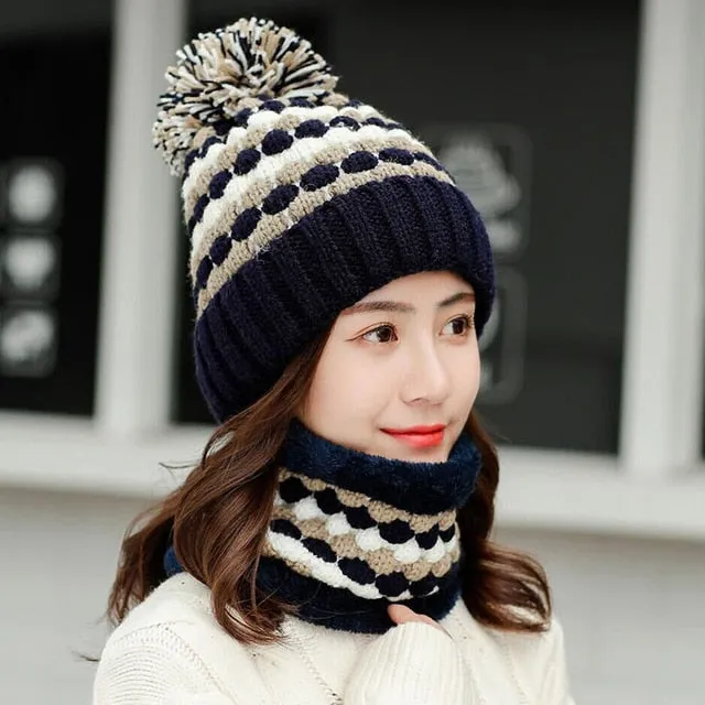 Thick Cotton And Ring Scarf Casual Warm Knitted Winter Beanie