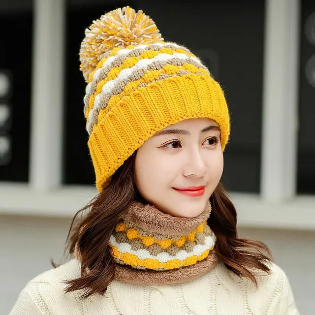 Thick Cotton And Ring Scarf Casual Warm Knitted Winter Beanie