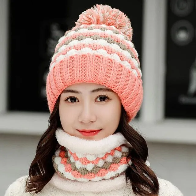 Thick Cotton And Ring Scarf Casual Warm Knitted Winter Beanie