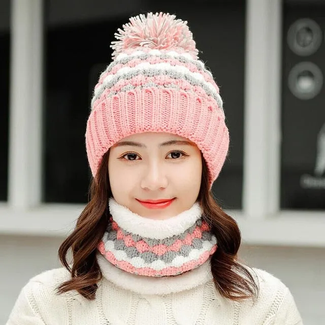 Thick Cotton And Ring Scarf Casual Warm Knitted Winter Beanie