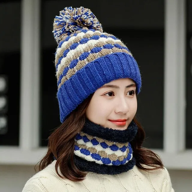 Thick Cotton And Ring Scarf Casual Warm Knitted Winter Beanie