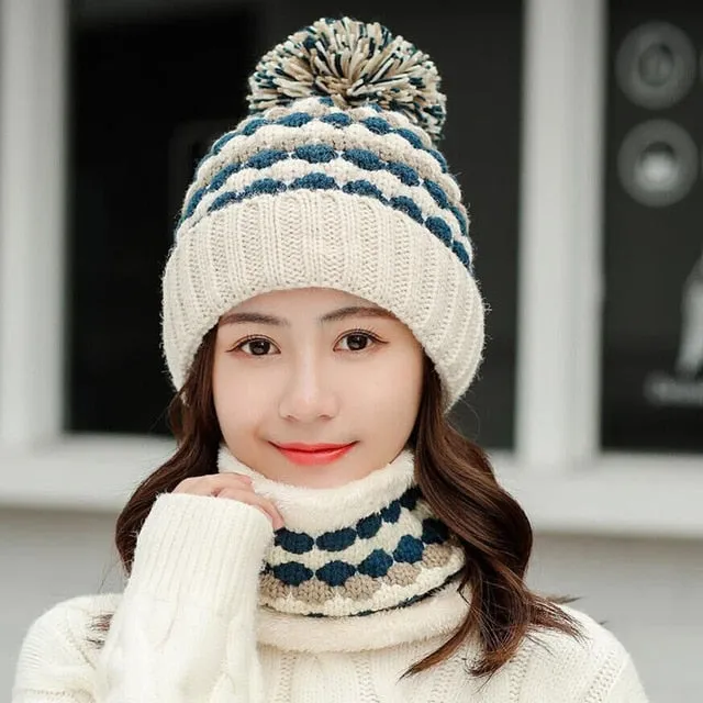 Thick Cotton And Ring Scarf Casual Warm Knitted Winter Beanie