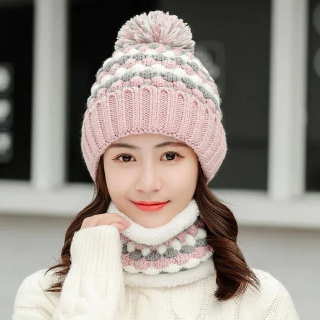 Thick Cotton And Ring Scarf Casual Warm Knitted Winter Beanie