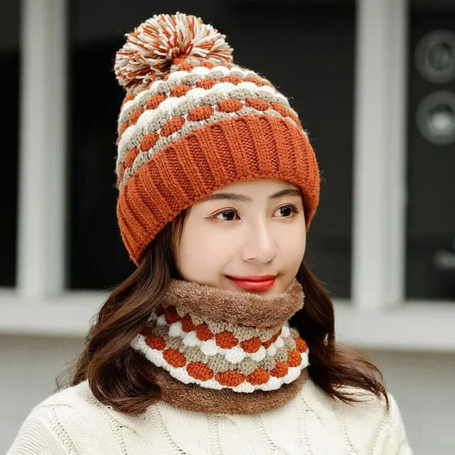 Thick Cotton And Ring Scarf Casual Warm Knitted Winter Beanie