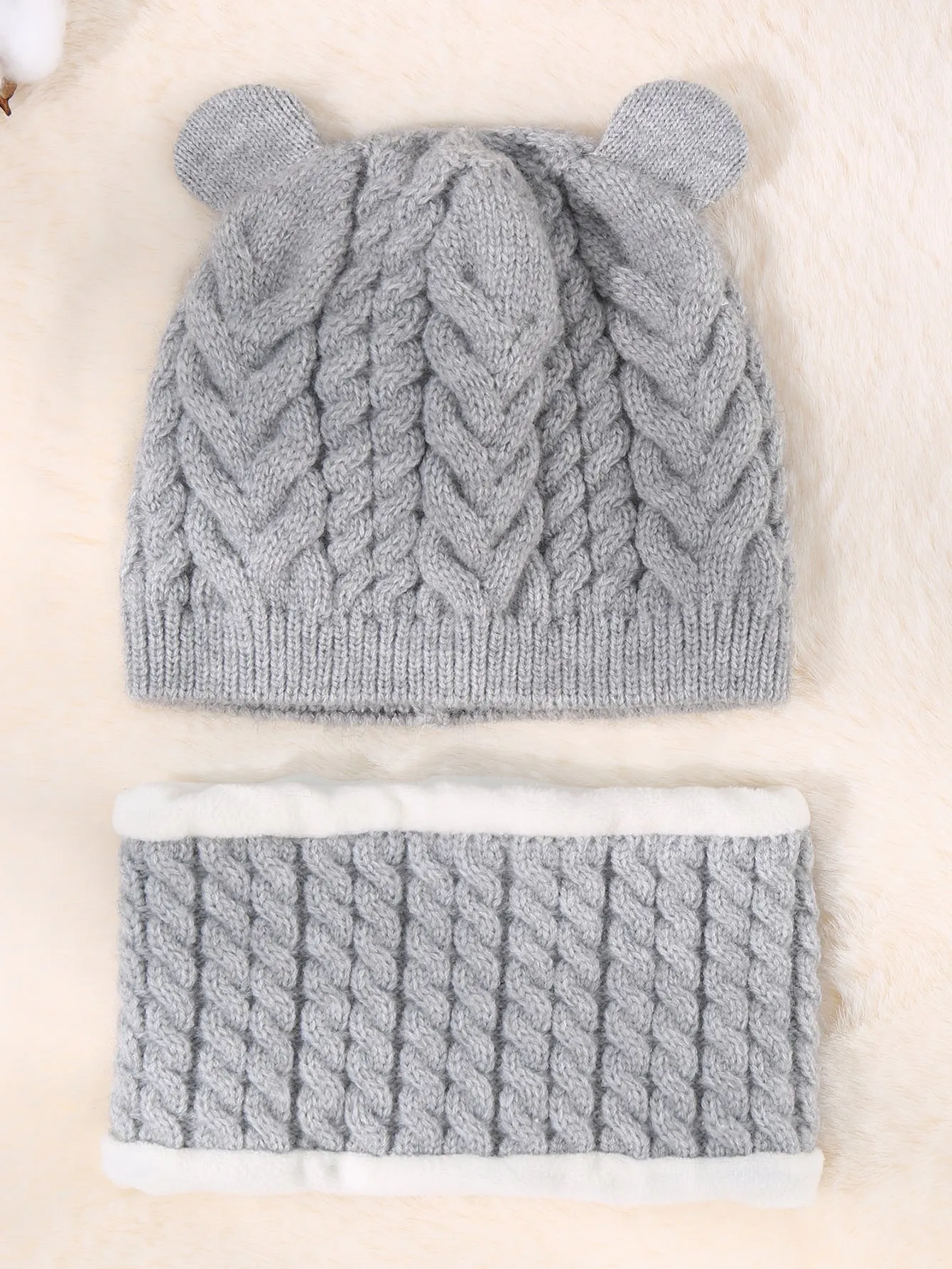 Toddler Girls Cartoon Ear Decor Beanie & Infinity Scarf - FD
