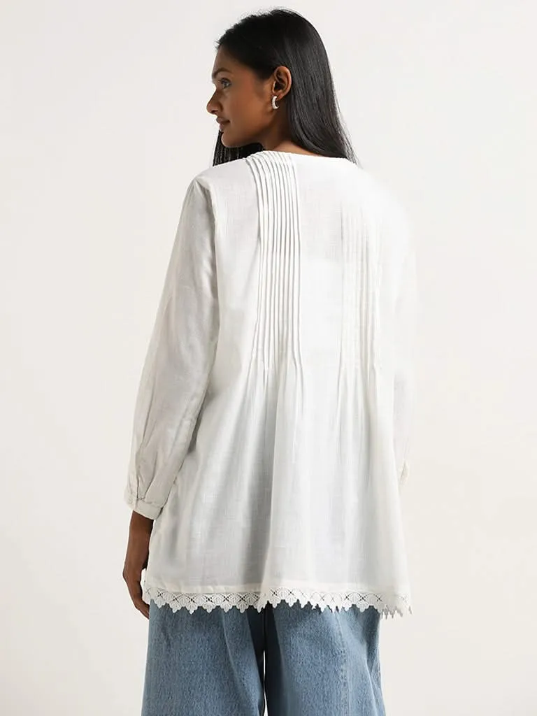 Utsa White Pintuck Detailed A-Line Cotton Tunic