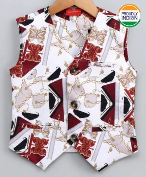 VASTRAMAY Boy's Jute Feel Fabric Digital Printed Maroon Nehru Jacket