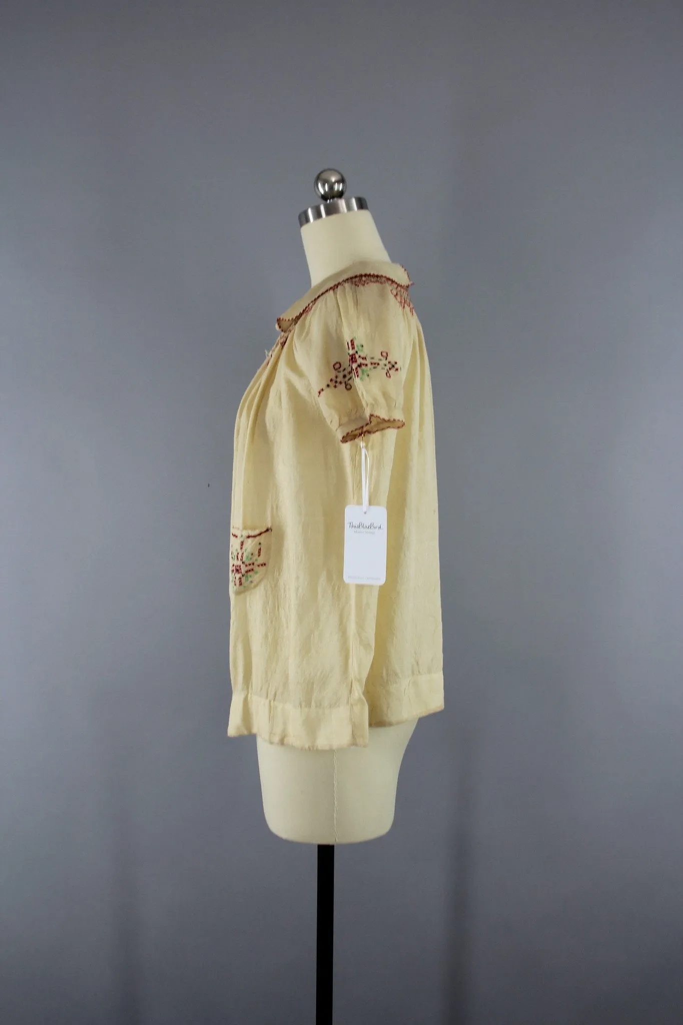 Vintage 1920s Pongee Silk Embroidered Peasant Blouse